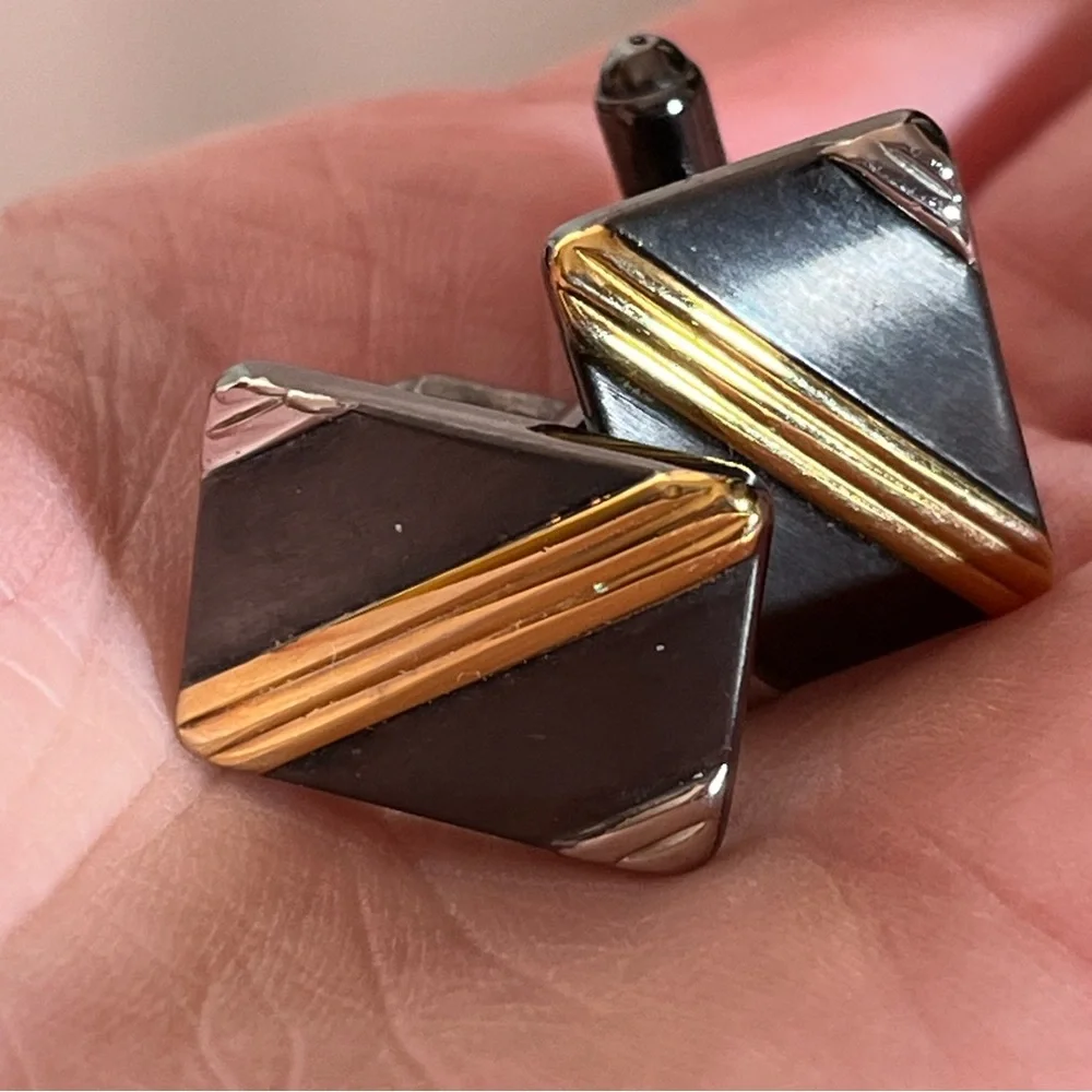 Vintage 1960 70 MCM Mod Art Deco Silver Black gold Mobking oversized Cufflinks